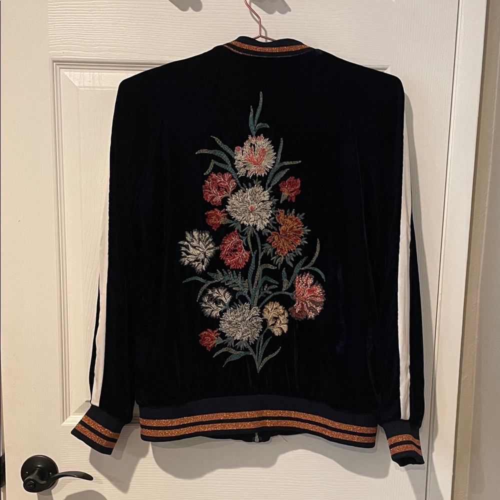 Zara Navy velvet Jacket with White and bronze Accents